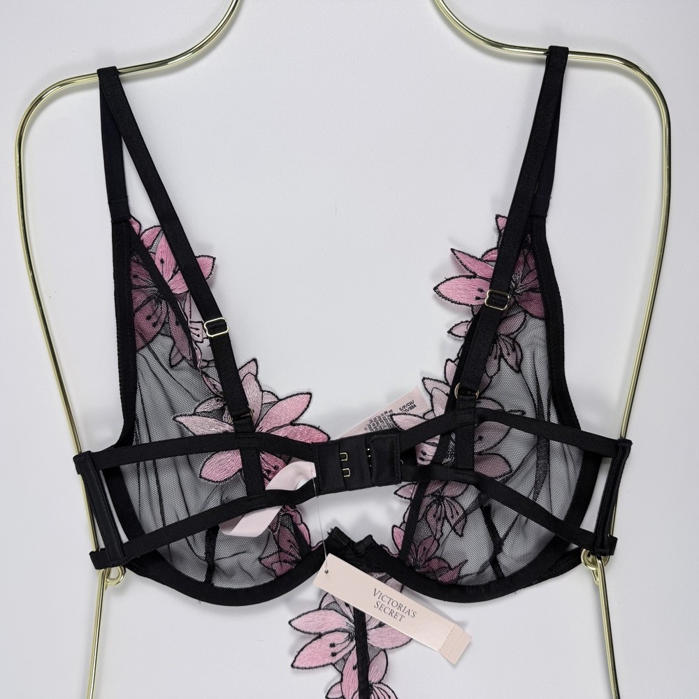 Victoria's Secret Ziggy Glam Floral Embroidery Unlined Cutout Teddy Black Pink S - Picture 5 of 7